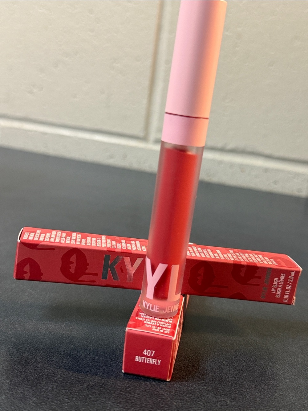 Kylie Cosmetics Lip Blush Liquid Lipstick — 407 Butterfly (Pink Cap, Red Tube)